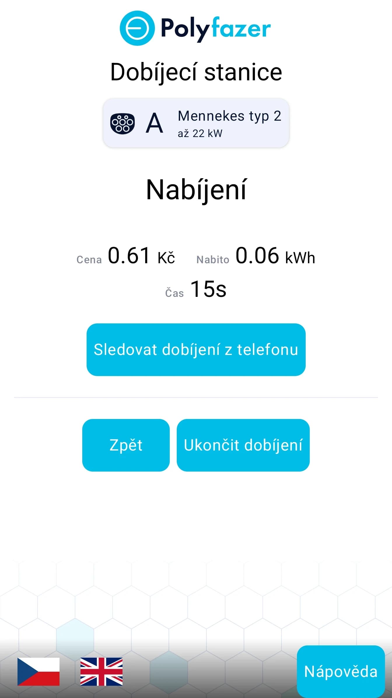 Obrazovka terminálu - Průběh nabíjení